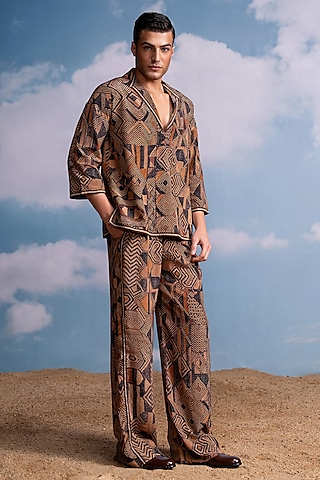 Brown Silk Crepe Geometric Printed Co-Ord Set by Nikita Mhaisalkar Men