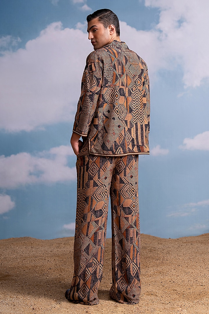Brown Silk Crepe Geometric Printed Co-Ord Set by Nikita Mhaisalkar Men at Pernia's Pop Up Shop