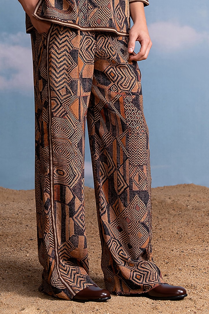 Brown Silk Crepe Geometric Printed Co-Ord Set by Nikita Mhaisalkar Men at Pernia's Pop Up Shop