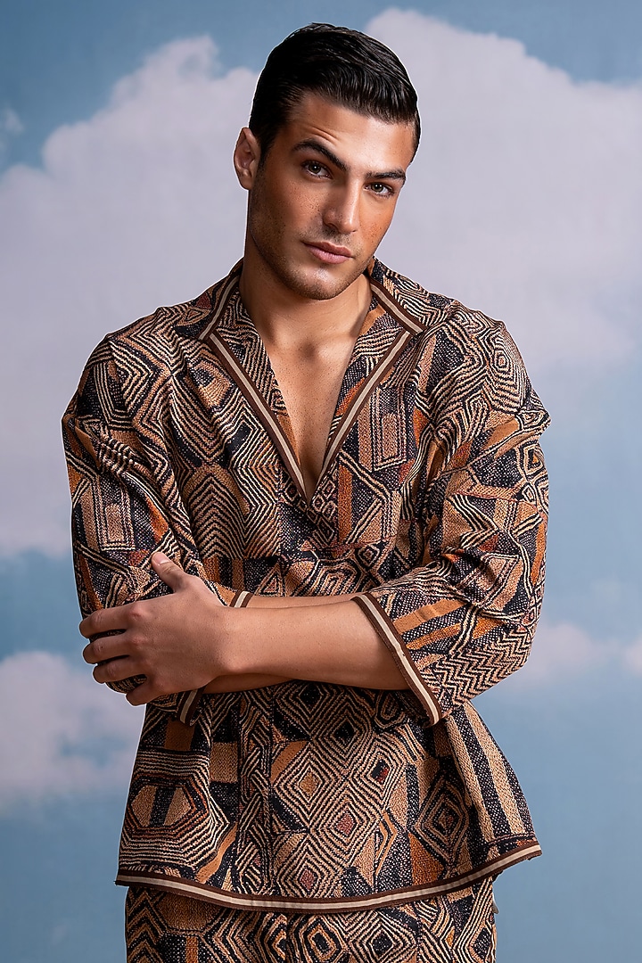 Brown Silk Crepe Geometric Printed Co-Ord Set by Nikita Mhaisalkar Men at Pernia's Pop Up Shop