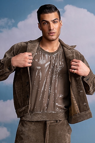 Brown Pure Georgette Sheeted Sequin Vest by Nikita Mhaisalkar Men