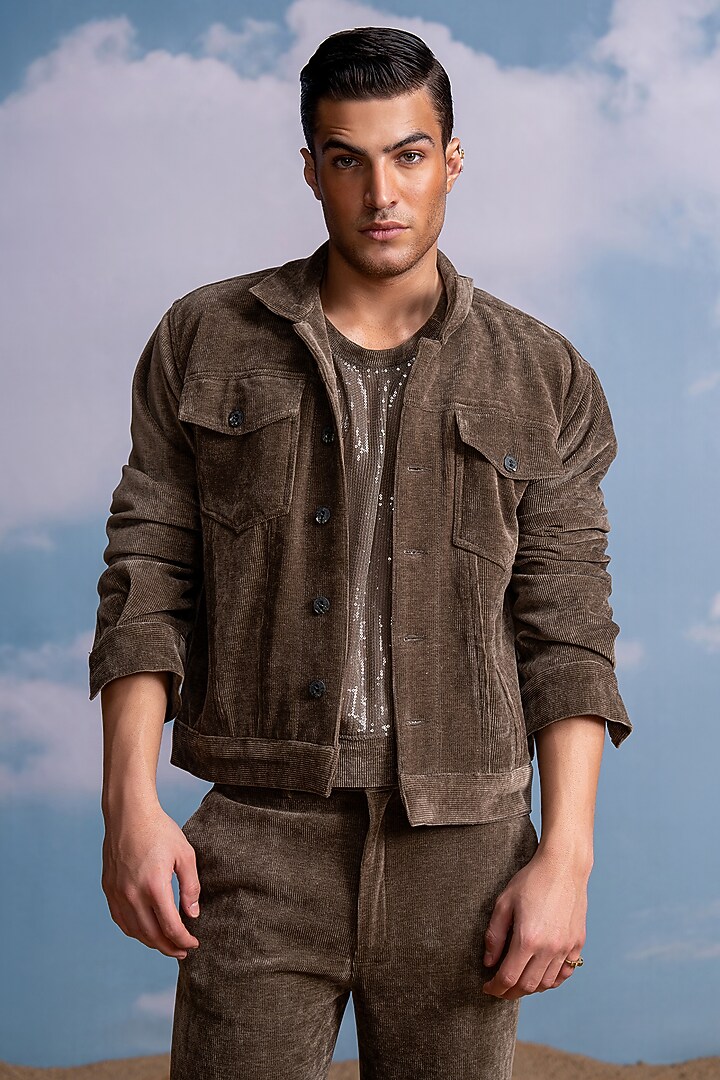 Brown Pure Georgette Sheeted Sequin Vest by Nikita Mhaisalkar Men at Pernia's Pop Up Shop