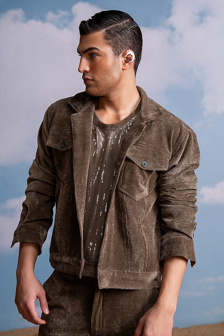 Brown Pure Georgette Sheeted Sequin Vest by Nikita Mhaisalkar Men at Pernia's Pop Up Shop