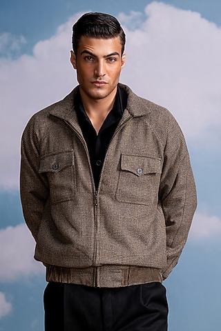 Brown Luxe Suiting Bomber Jacket by Nikita Mhaisalkar Men