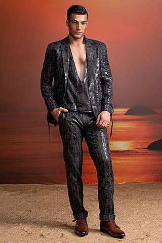 Charcoal Suiting Blazer Set by Nikita Mhaisalkar Men