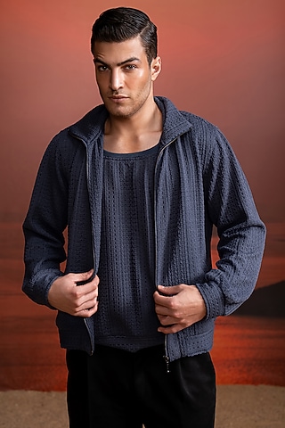 Grey Knit Bomber Jacket by Nikita Mhaisalkar Men