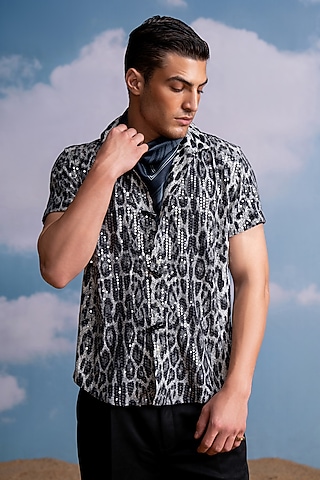 Grey Spandex Animal Printed Shirt by Nikita Mhaisalkar Men