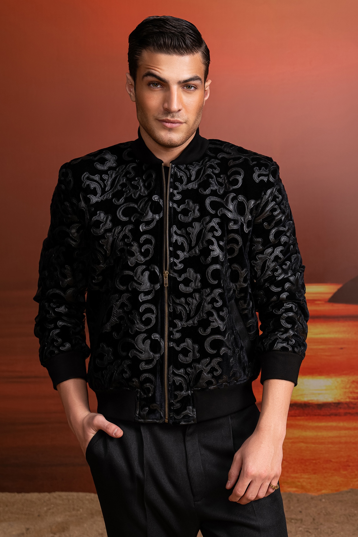 Black Velvet Applique Bomber Jacket by Nikita Mhaisalkar Men at