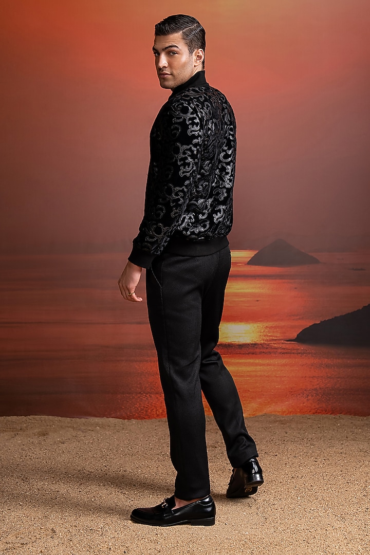 Black Velvet Applique Bomber Jacket by Nikita Mhaisalkar Men at Pernia's Pop Up Shop