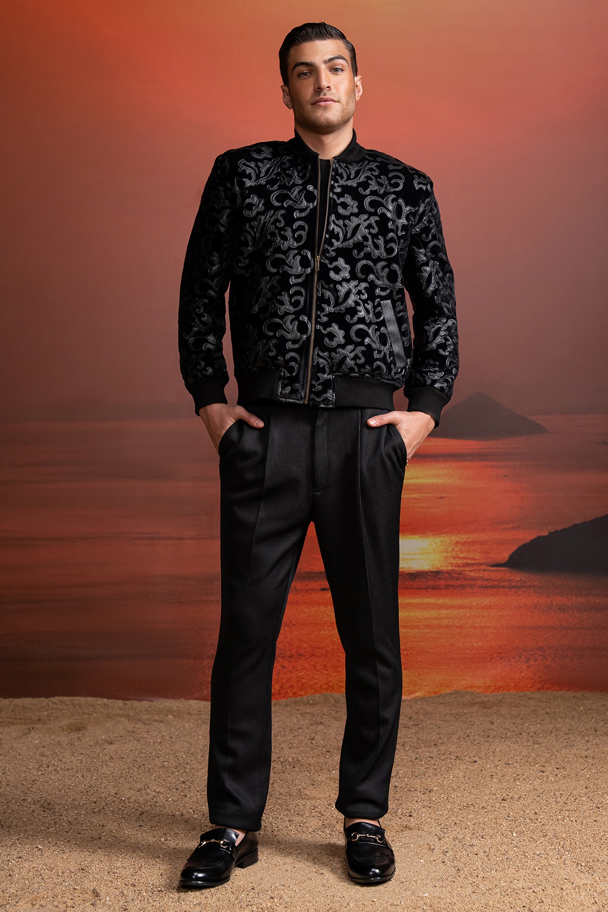 Black Velvet Applique Bomber Jacket by Nikita Mhaisalkar Men at