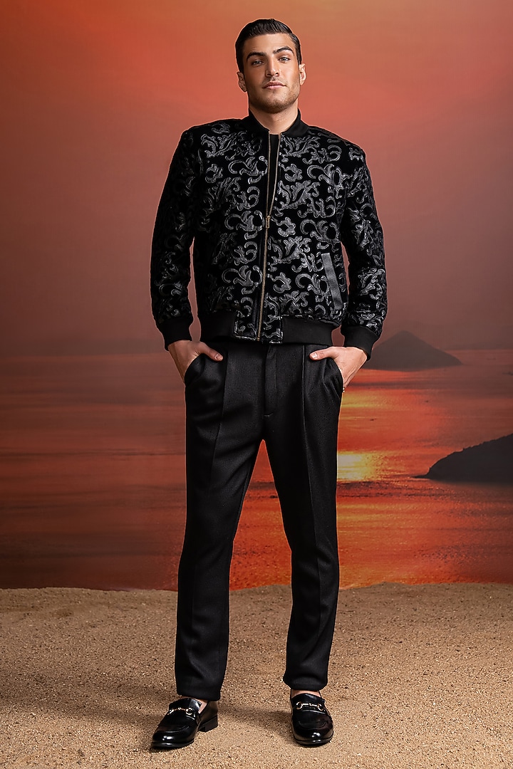 Black Velvet Applique Bomber Jacket by Nikita Mhaisalkar Men at Pernia's Pop Up Shop