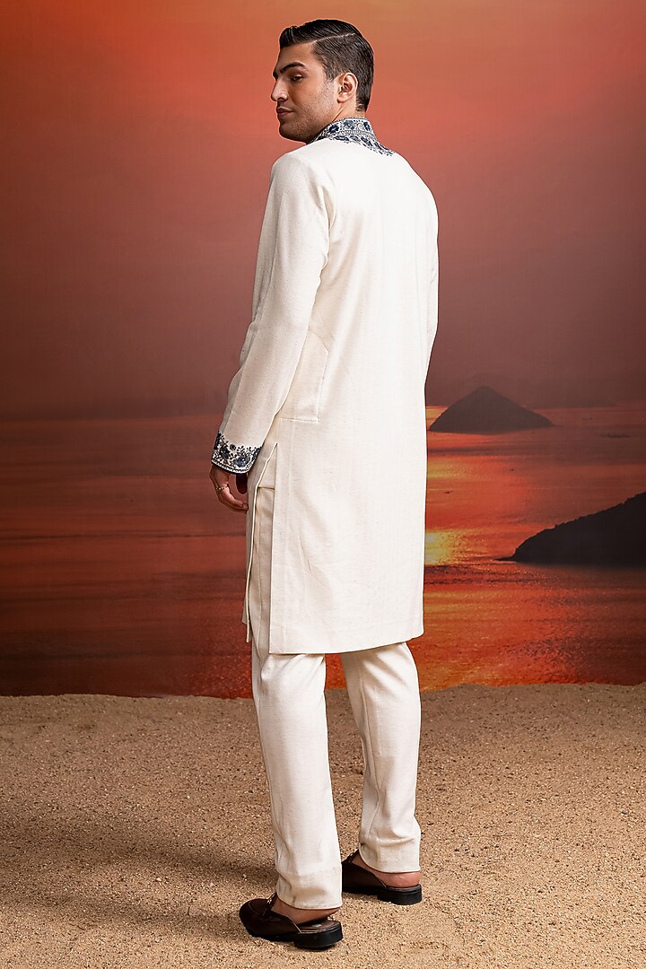Ivory Handwoven Cotton Embroidered Kurta Set by Nikita Mhaisalkar Men at Pernia's Pop Up Shop
