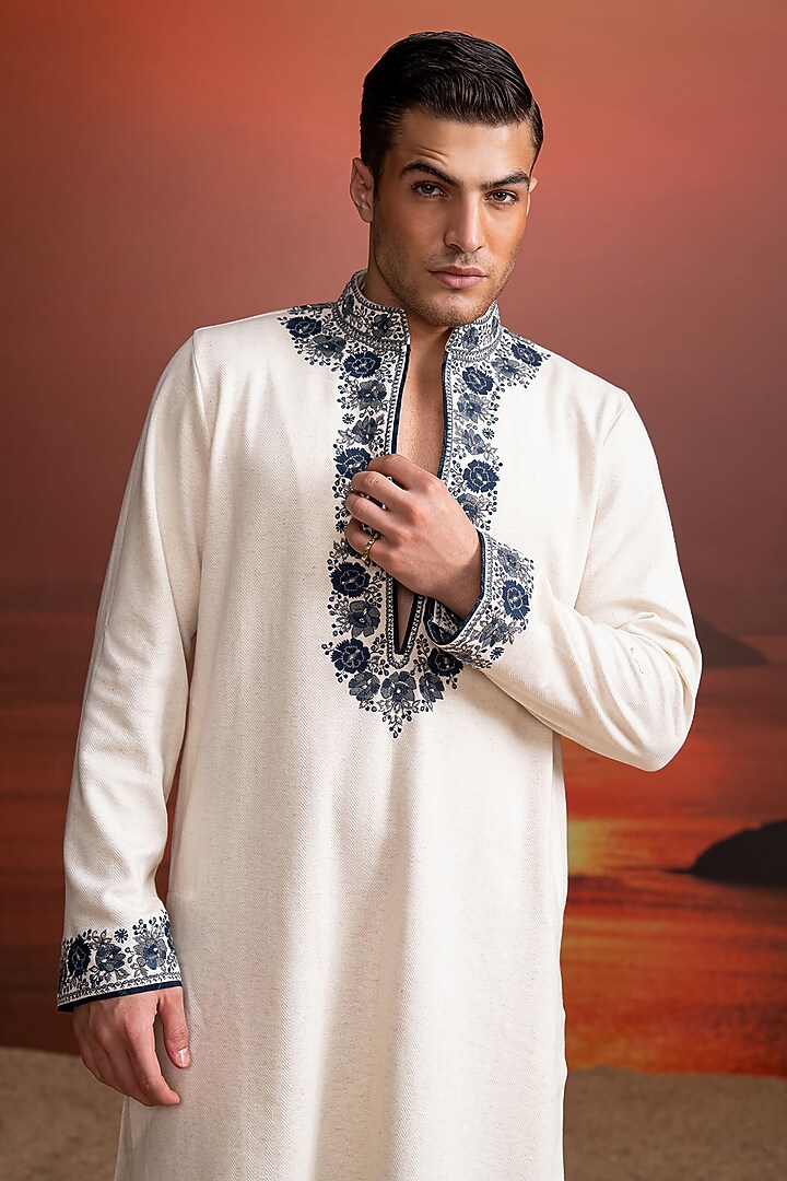 Ivory Handwoven Cotton Embroidered Kurta Set by Nikita Mhaisalkar Men at Pernia's Pop Up Shop