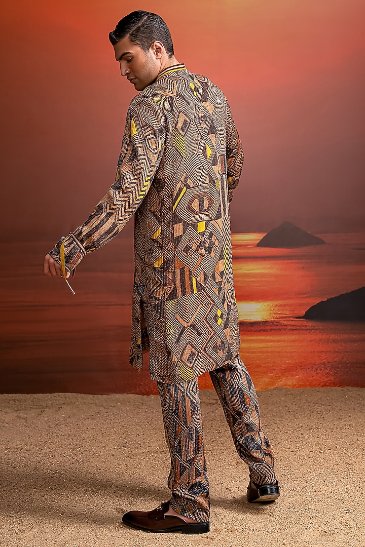 Brown Pure Georgette Geometric Printed Kurta Set by Nikita Mhaisalkar Men at Pernia's Pop Up Shop