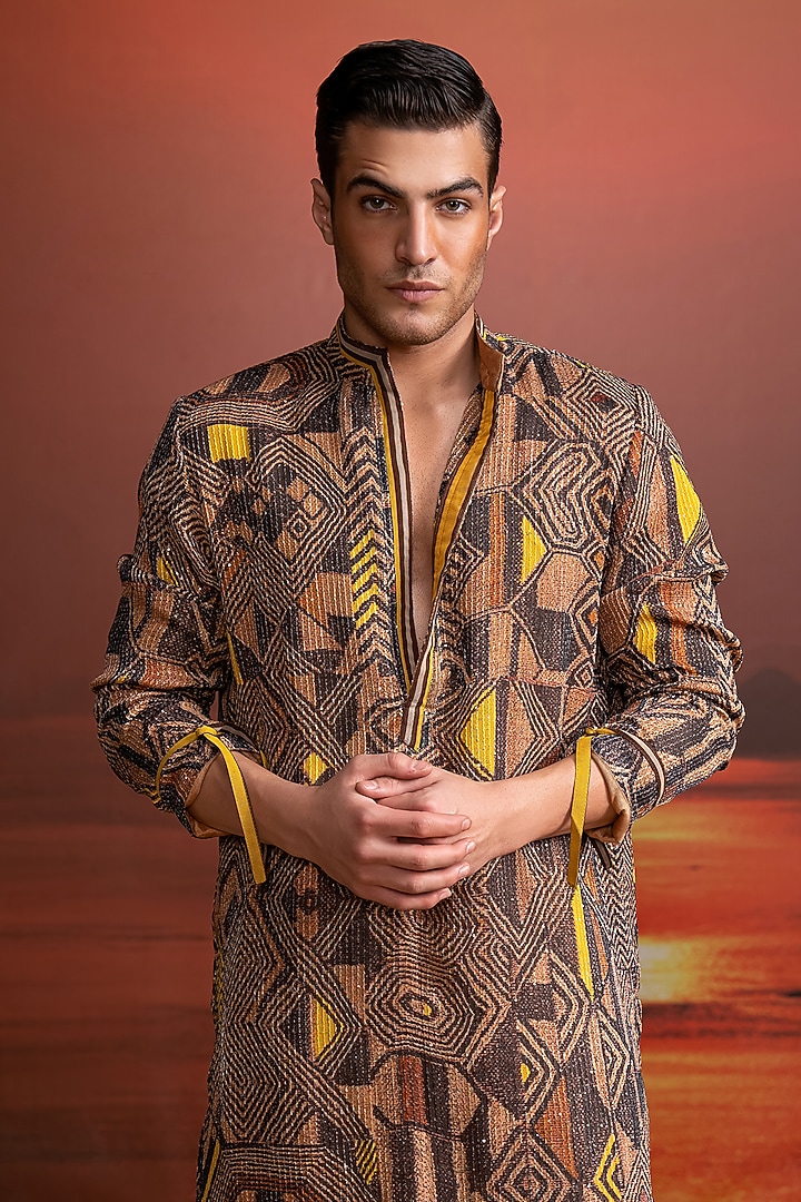 Brown Pure Georgette Geometric Printed Kurta Set by Nikita Mhaisalkar Men at Pernia's Pop Up Shop