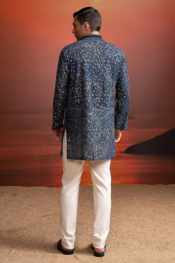 Indigo Georgette Sheeted Sequin Kurta Set by Nikita Mhaisalkar Men at Pernia's Pop Up Shop