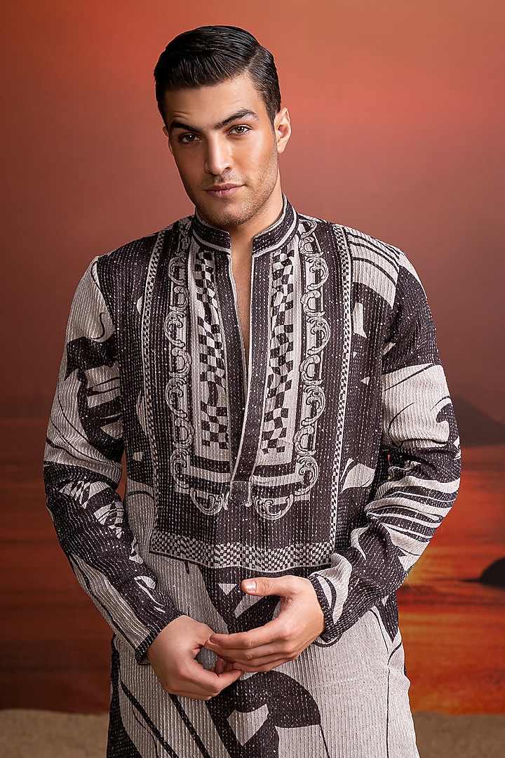 Chocolate Brown & Cream Pure Georgette Printed Kurta Set by Nikita Mhaisalkar Men at Pernia's Pop Up Shop