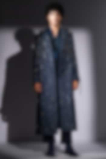 Blue Hemp Denim Embroidered Trench Coat by Nikita Mhaisalkar Men at Pernia's Pop Up Shop