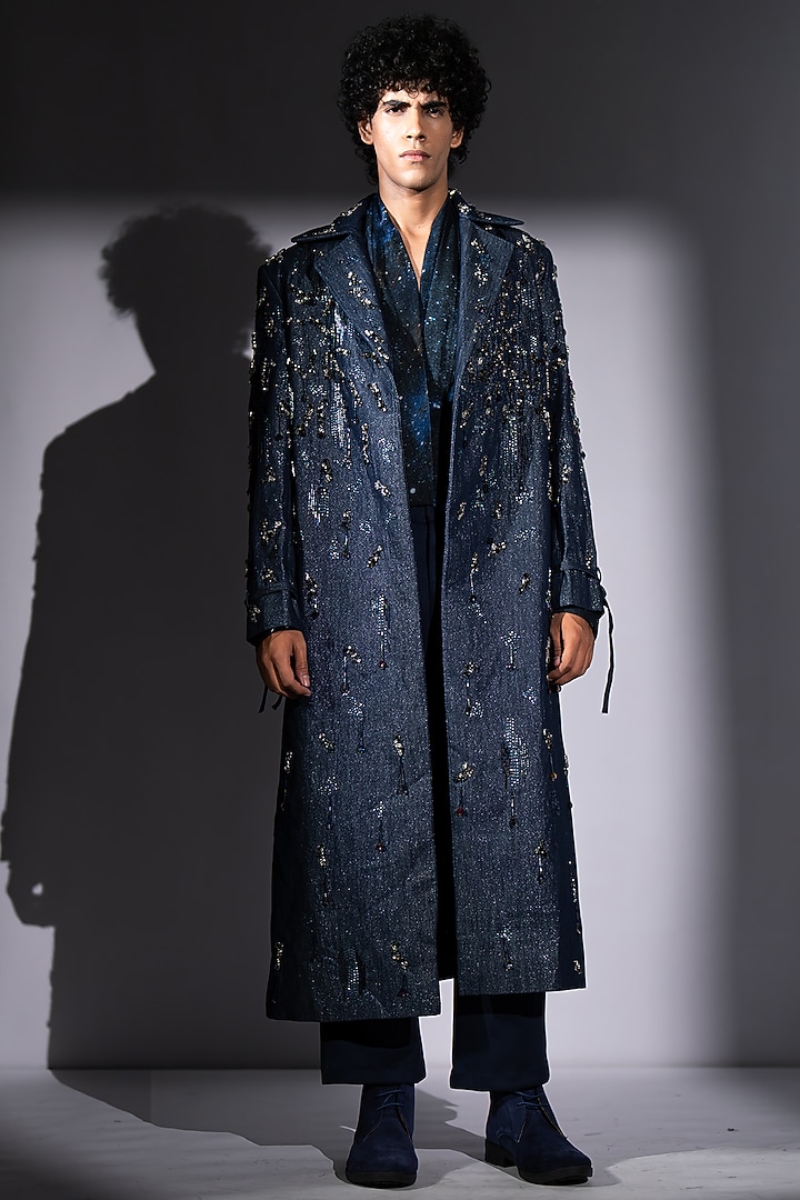 Blue Hemp Denim Embroidered Trench Coat by Nikita Mhaisalkar Men at Pernia's Pop Up Shop