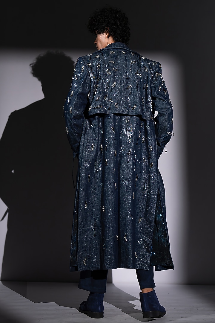 Blue Hemp Denim Embroidered Trench Coat by Nikita Mhaisalkar Men at Pernia's Pop Up Shop