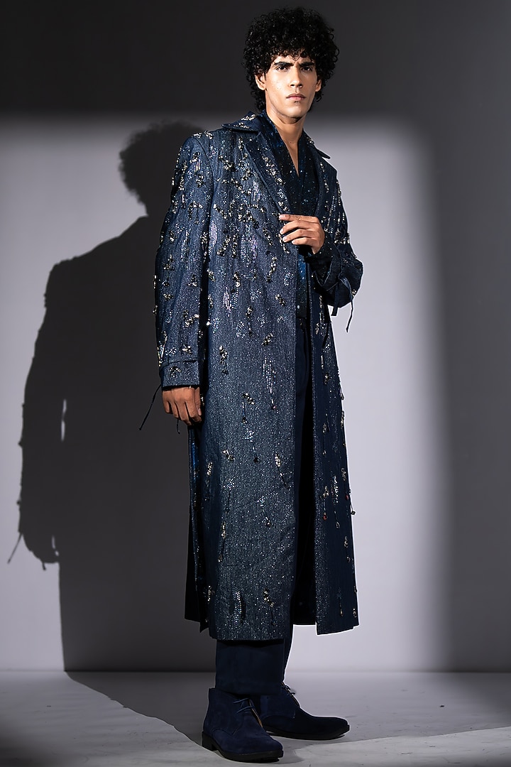 Blue Hemp Denim Embroidered Trench Coat by Nikita Mhaisalkar Men at Pernia's Pop Up Shop