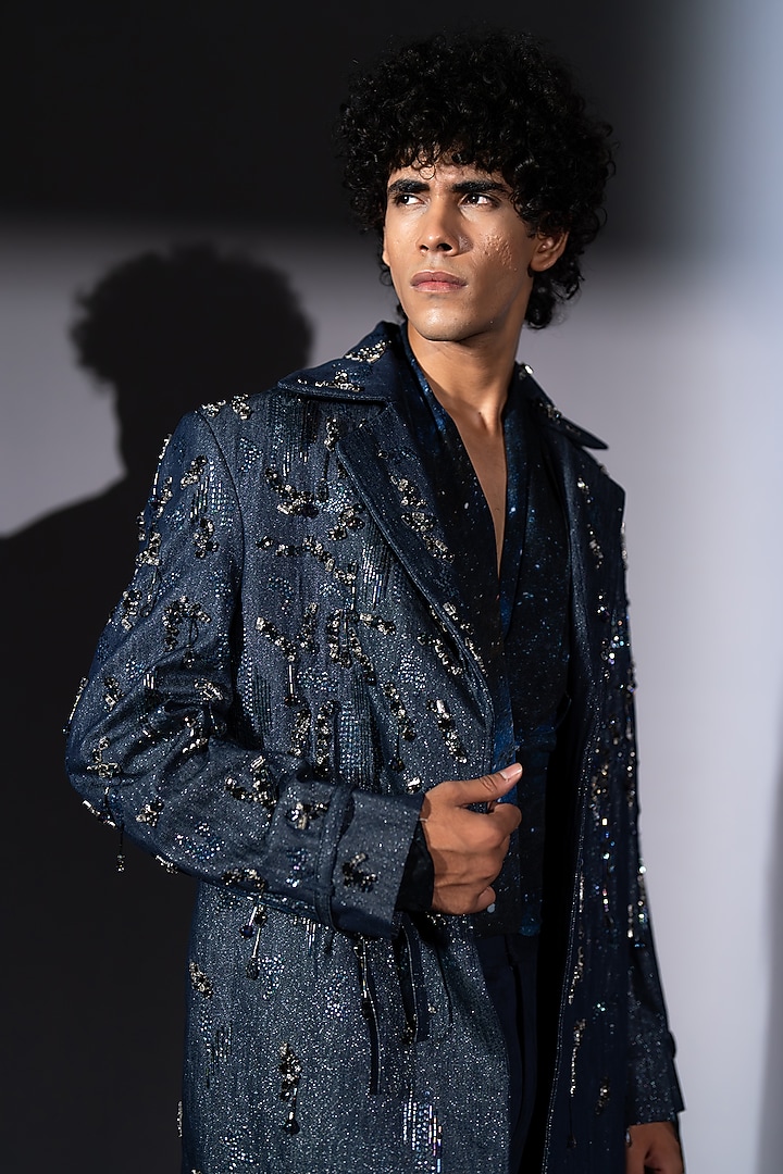 Blue Hemp Denim Embroidered Trench Coat by Nikita Mhaisalkar Men at Pernia's Pop Up Shop