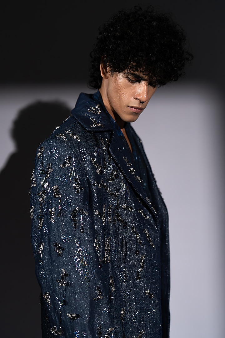Blue Hemp Denim Embroidered Trench Coat by Nikita Mhaisalkar Men at Pernia's Pop Up Shop