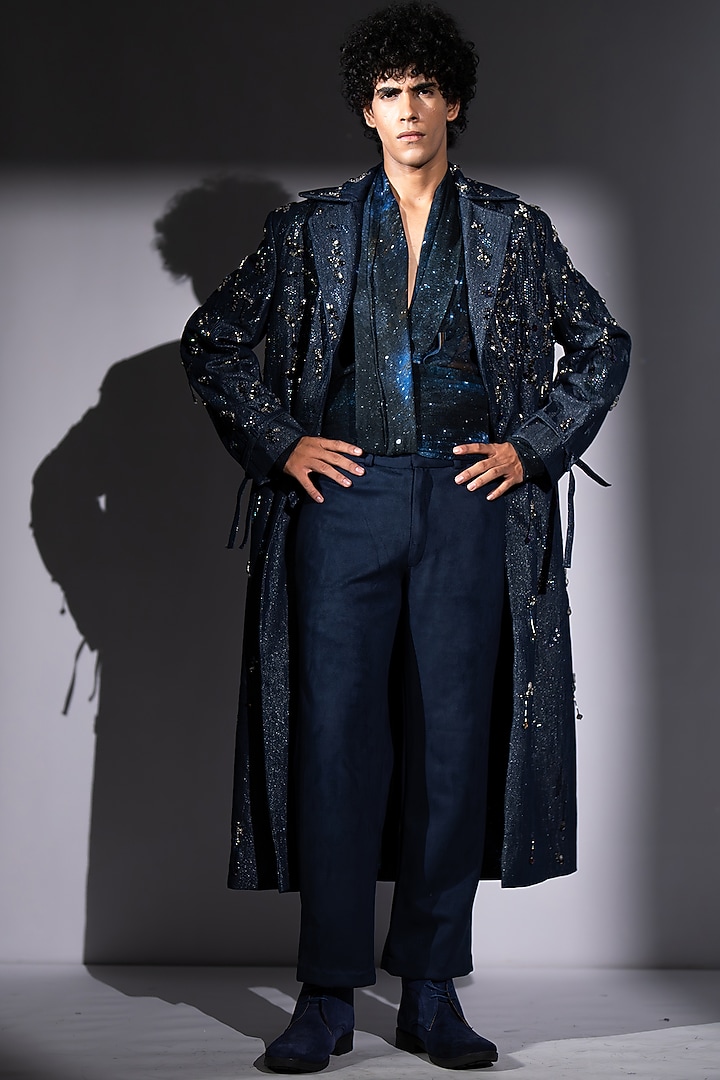 Ash Blue Suede Pant by Nikita Mhaisalkar Men at Pernia's Pop Up Shop