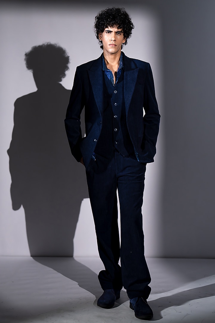 Navy Blue Corduroy Jacket Set by Nikita Mhaisalkar Men at Pernia's Pop Up Shop