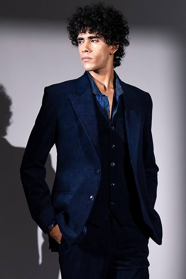 Navy Blue Corduroy Jacket Set by Nikita Mhaisalkar Men at Pernia's Pop Up Shop