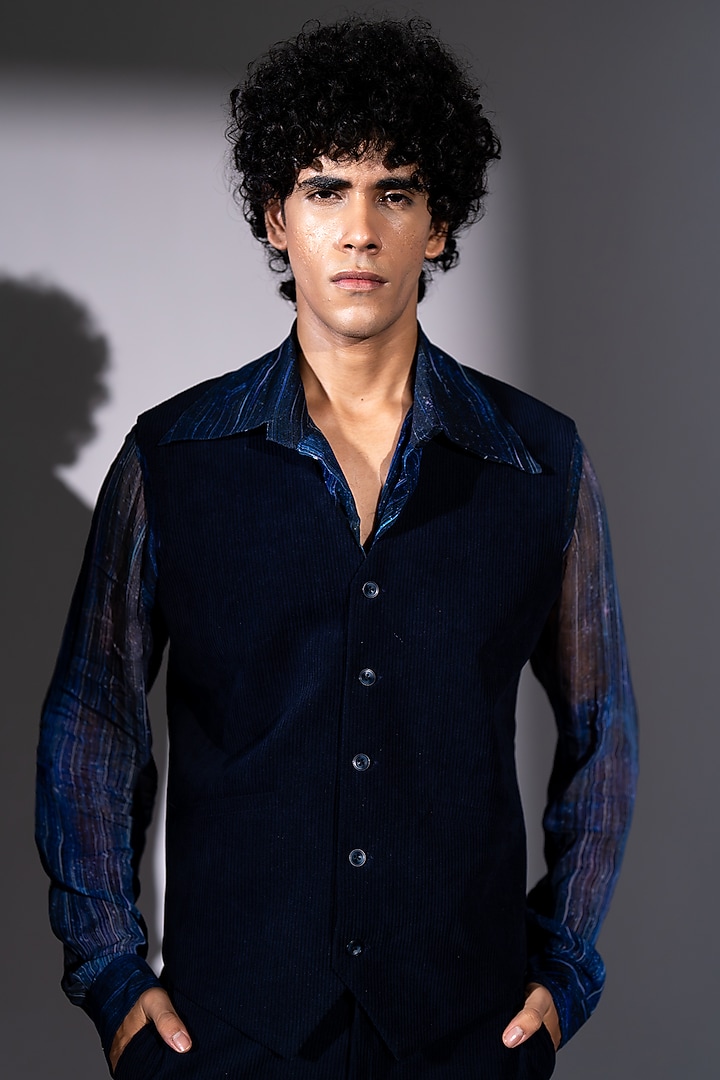 Navy Blue Corduroy Waistcoat by Nikita Mhaisalkar Men at Pernia's Pop Up Shop
