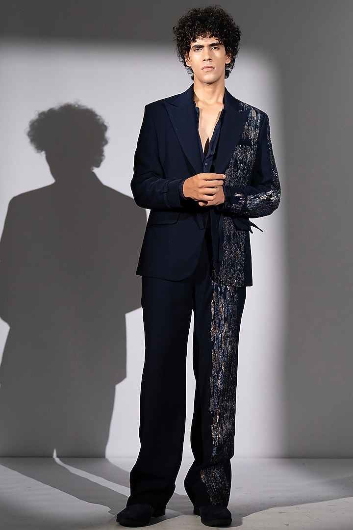 Navy Blue Luxe Suiting Jacket Set by Nikita Mhaisalkar Men at Pernia's Pop Up Shop