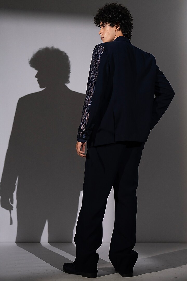 Navy Blue Luxe Suiting Jacket Set by Nikita Mhaisalkar Men at Pernia's Pop Up Shop