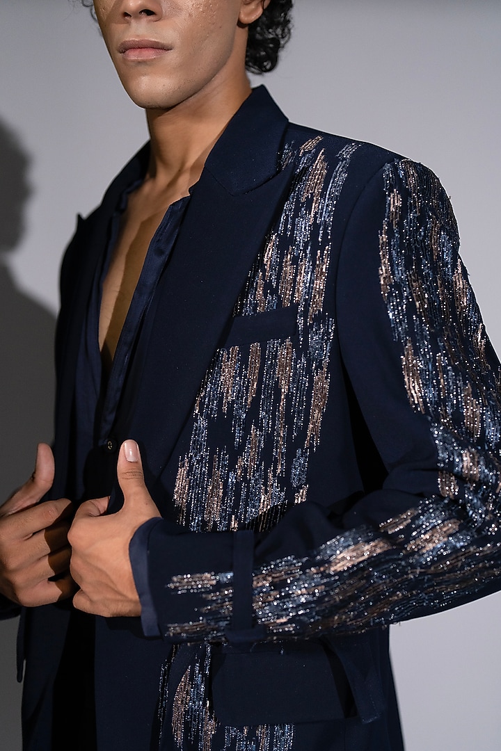 Navy Blue Luxe Suiting Jacket Set by Nikita Mhaisalkar Men at Pernia's Pop Up Shop