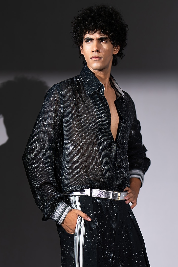 Black Sequins Georgette Galaxy Printed Wedding Shirt by Nikita Mhaisalkar Men at Pernia's Pop Up Shop