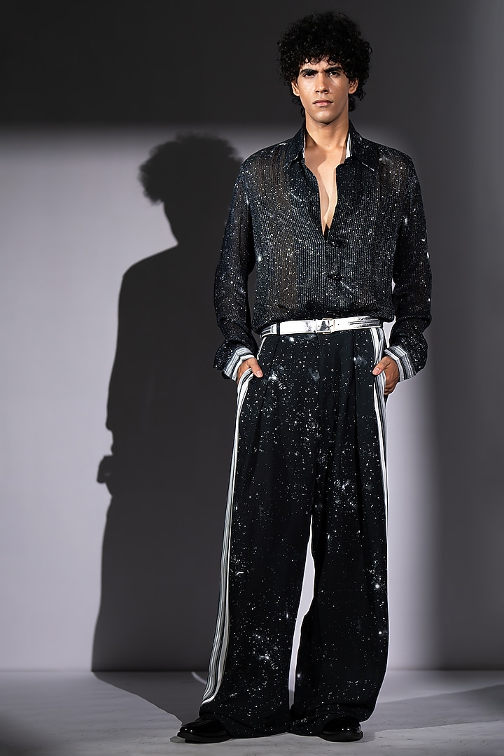 Black Sequins Georgette Galaxy Printed Wedding Shirt by Nikita Mhaisalkar Men at Pernia's Pop Up Shop