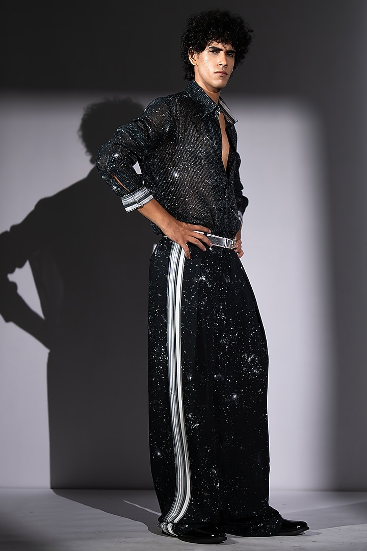 Black Sequins Georgette Galaxy Printed Wedding Shirt by Nikita Mhaisalkar Men at Pernia's Pop Up Shop