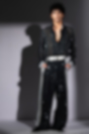 Black Georgette Galaxy Printed Pant by Nikita Mhaisalkar Men at Pernia's Pop Up Shop