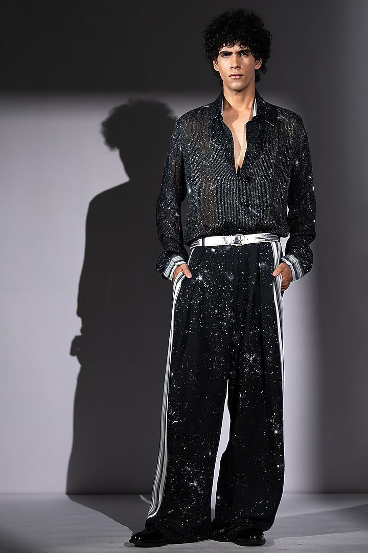 Black Georgette Galaxy Printed Pant by Nikita Mhaisalkar Men at Pernia's Pop Up Shop