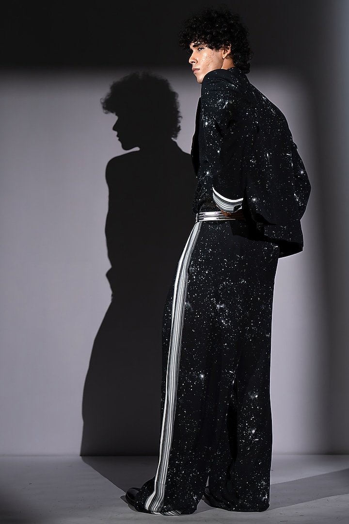 Black Georgette Galaxy Printed Pant by Nikita Mhaisalkar Men at Pernia's Pop Up Shop