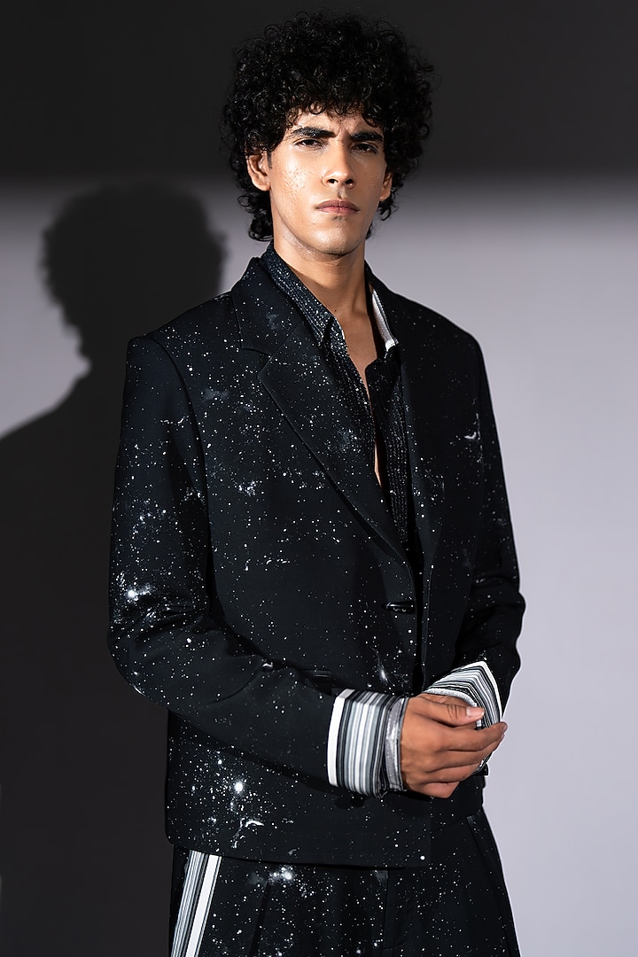 Black Georgette Galaxy Printed Blazer by Nikita Mhaisalkar Men at Pernia's Pop Up Shop