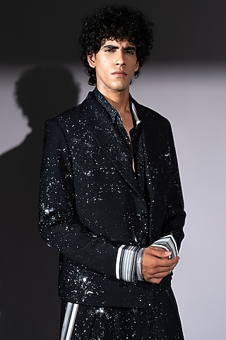 Black Georgette Galaxy Printed Blazer by Nikita Mhaisalkar Men