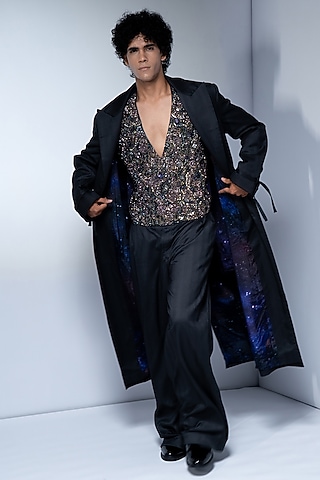Grey Luxe Suiting Trench Coat by Nikita Mhaisalkar Men