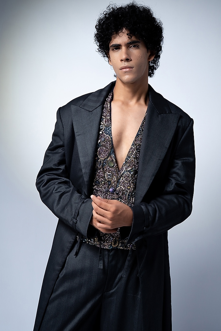 Grey Luxe Suiting Trench Coat by Nikita Mhaisalkar Men at Pernia's Pop Up Shop
