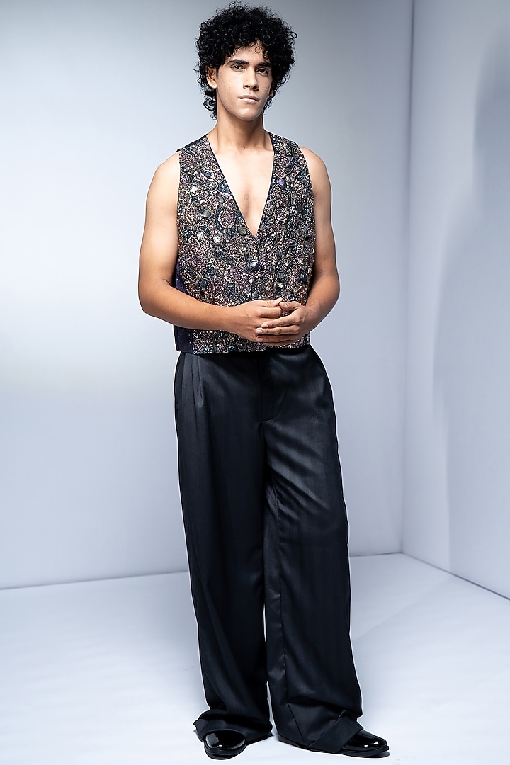 Multi-Colored Tulle Cluster Embroidered Vest by Nikita Mhaisalkar Men at Pernia's Pop Up Shop