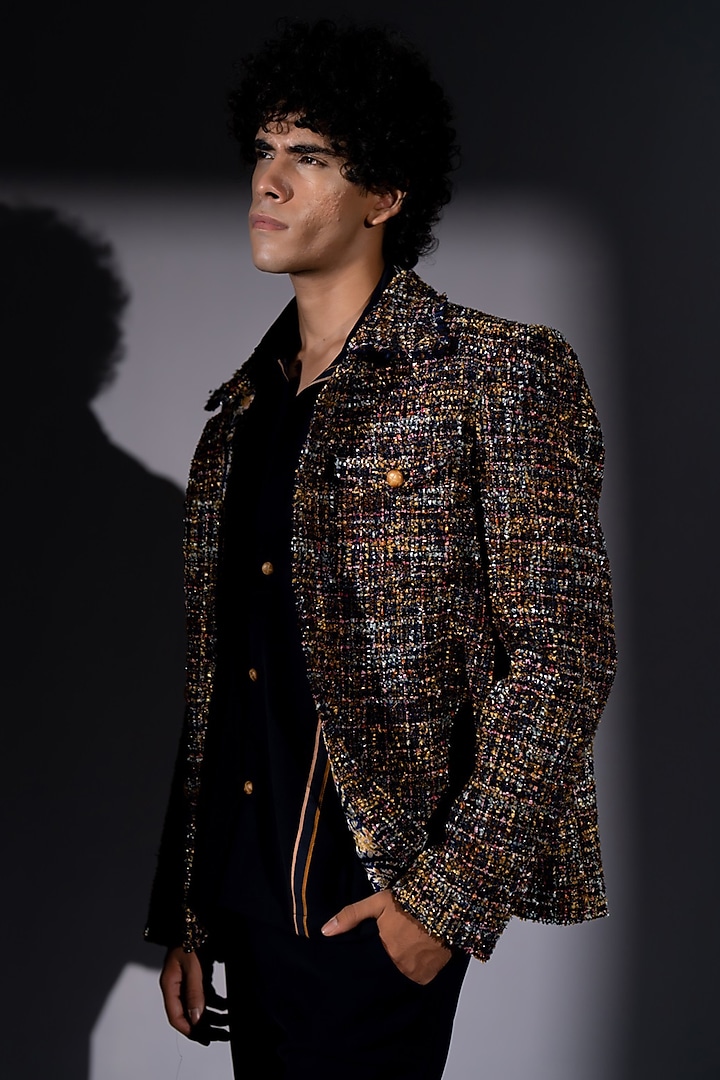 Multi-Colored Tweed Bomber Jacket by Nikita Mhaisalkar Men at Pernia's Pop Up Shop