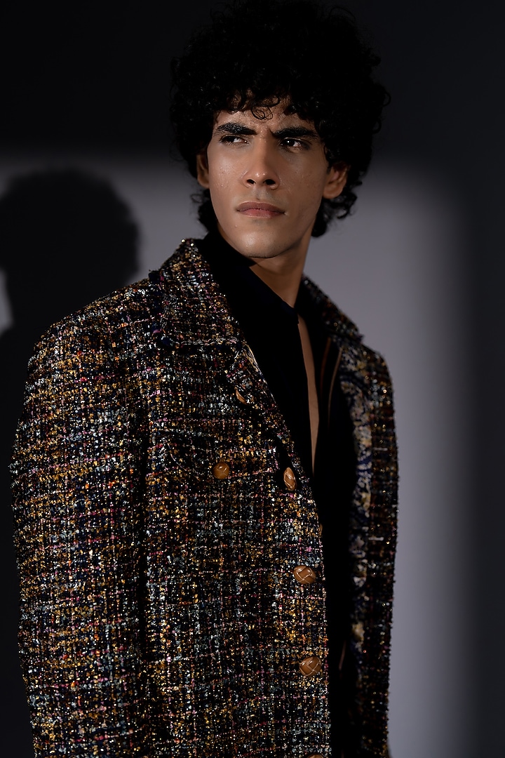 Multi-Colored Tweed Bomber Jacket by Nikita Mhaisalkar Men at Pernia's Pop Up Shop
