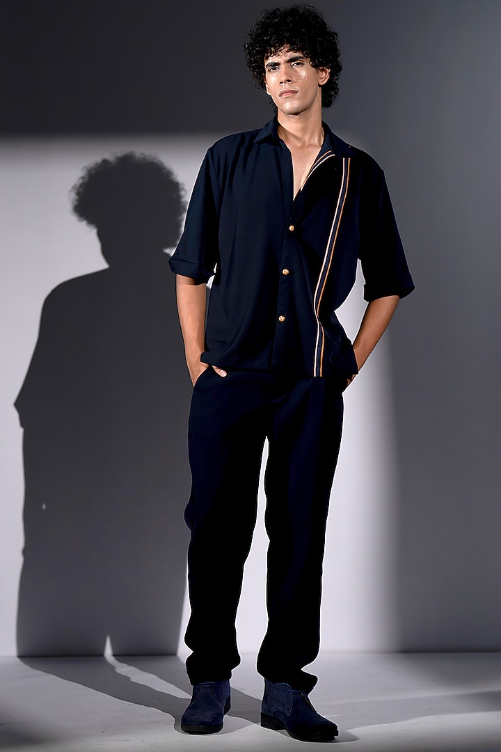 Navy Blue Luxe Suiting Co-Ord Set by Nikita Mhaisalkar Men at Pernia's Pop Up Shop