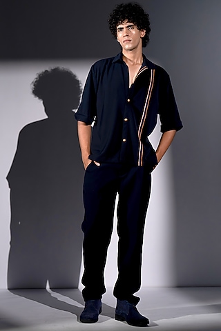 Navy Blue Luxe Suiting Co-Ord Set by Nikita Mhaisalkar Men