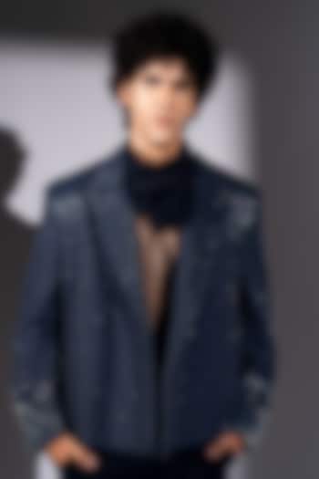 Ash Blue Suede & Tweed Embroidered Bomber Jacket by Nikita Mhaisalkar Men at Pernia's Pop Up Shop